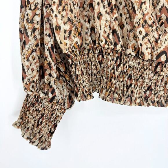 Rachel Zoe Abstract Print Split Neck Blouse Metallic Accents Brown Tan Cream XL - Picture 3 of 8